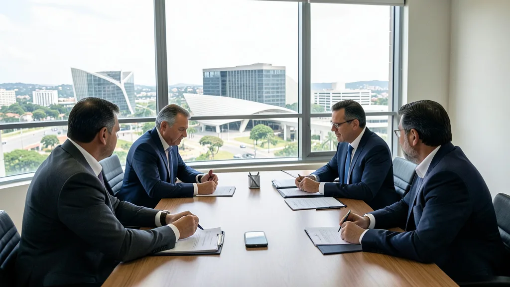 Imagem gerada por IA: Funcionários analisam documentos em uma sala de reunião com vista para edifícios públicos de Brasília.