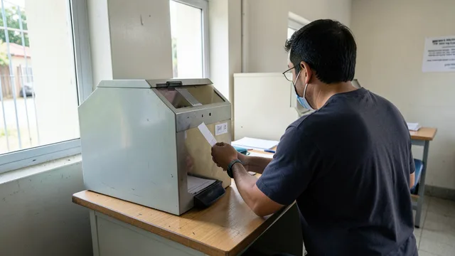 Imagem gerada por IA: Eleitor vota em uma cabine de votação em local de votação no Brasil.