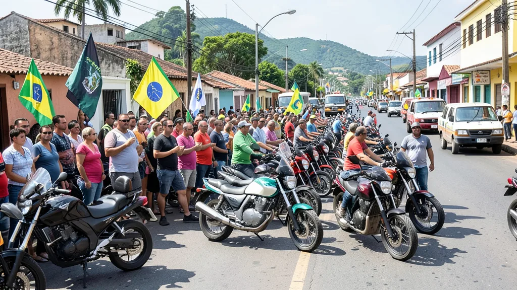 Apoiadores reunidos junto a motocicletas durante concentração para uma carreata em uma cidade do interior paulista.