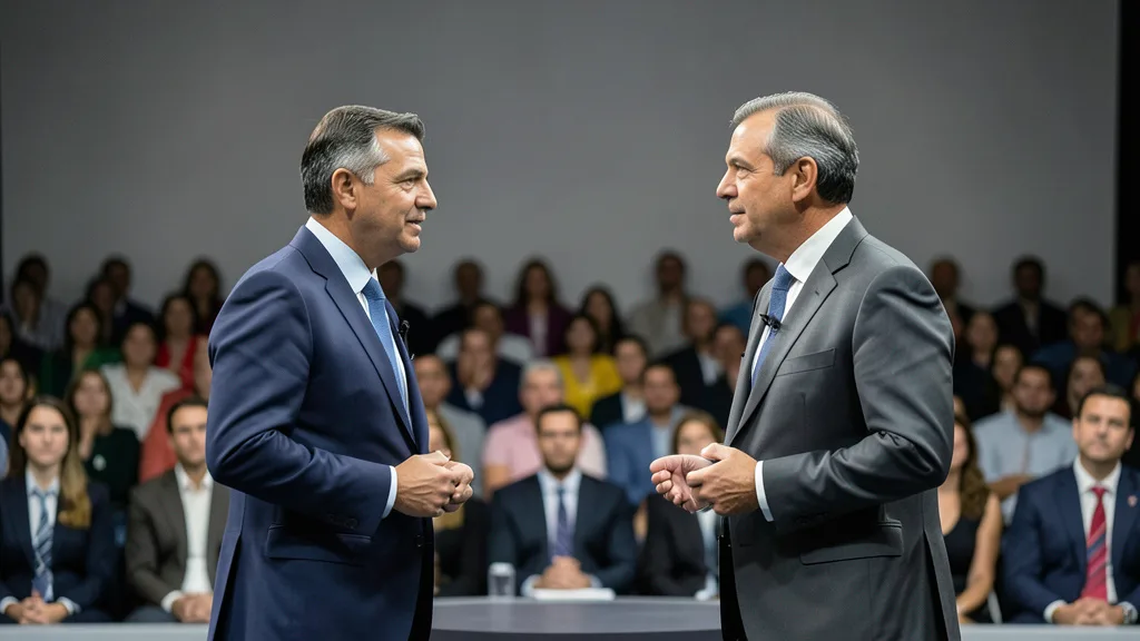 Imagem gerada por IA: Dois candidatos genéricos em um palco de debate, diante de uma plateia desfocada.