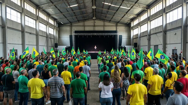 Imagem gerada por IA: Apoiadores reunidos em um ato de campanha em um amplo galpão de eventos.