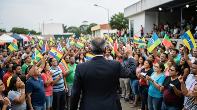 Candidato discursa em um palanque diante de apoiadores durante um ato de campanha.