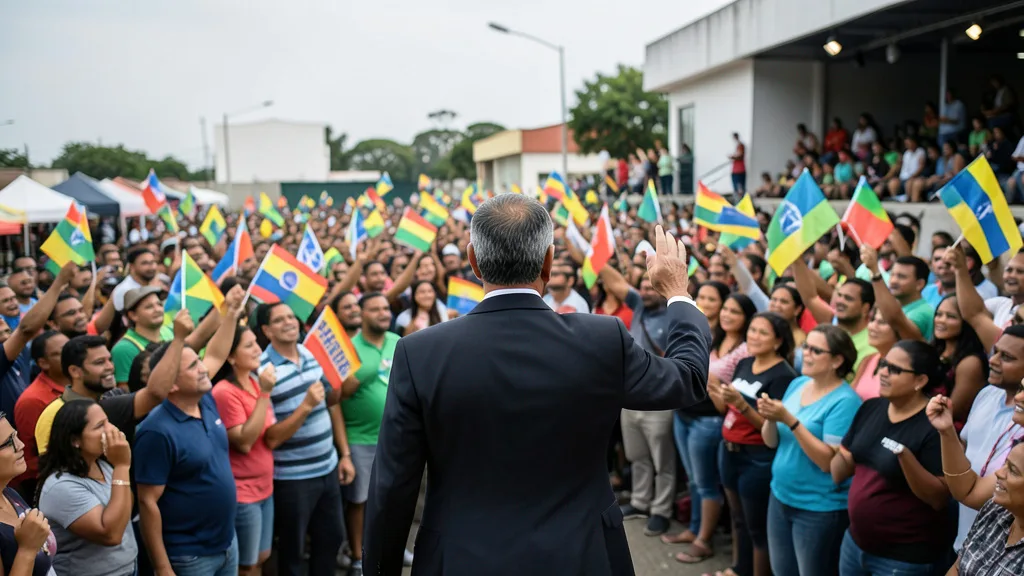 Candidato discursa em um palanque diante de apoiadores durante um ato de campanha.