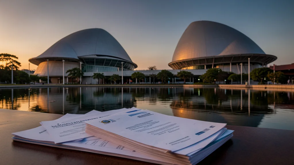 Imagem gerada por IA: Congresso Nacional ao entardecer, com pastas de documentos orçamentários em primeiro plano.