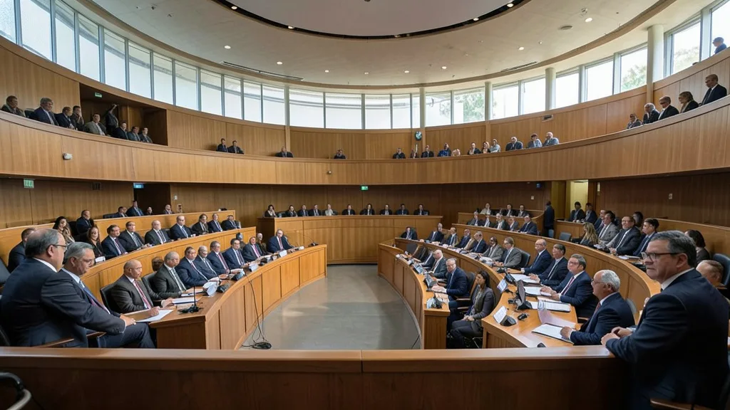 Imagem gerada por IA: Plenário do Senado Federal durante uma sessão, visto da galeria.