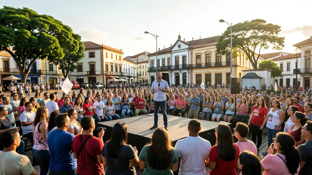 Imagem gerada por IA: Apoiadores acompanham um ato de campanha em uma praça de cidade nordestina.