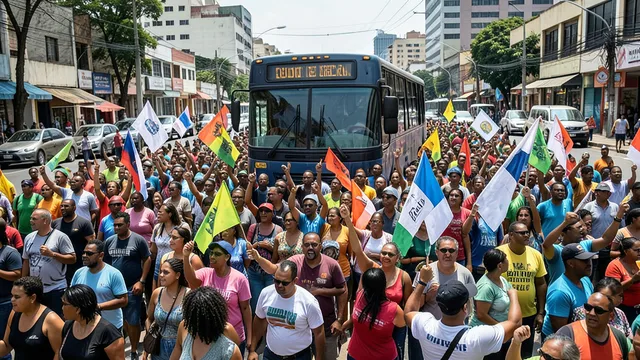 Imagem gerada por IA: Apoiadores participam de ato político ao lado de um trio elétrico em uma avenida.