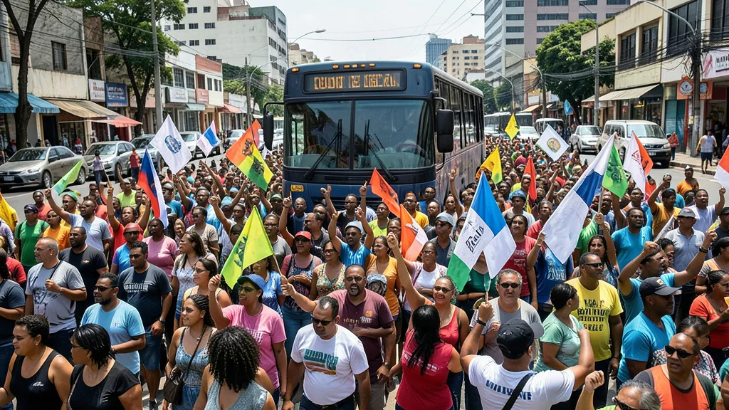 Imagem gerada por IA: Apoiadores participam de ato político ao lado de um trio elétrico em uma avenida.