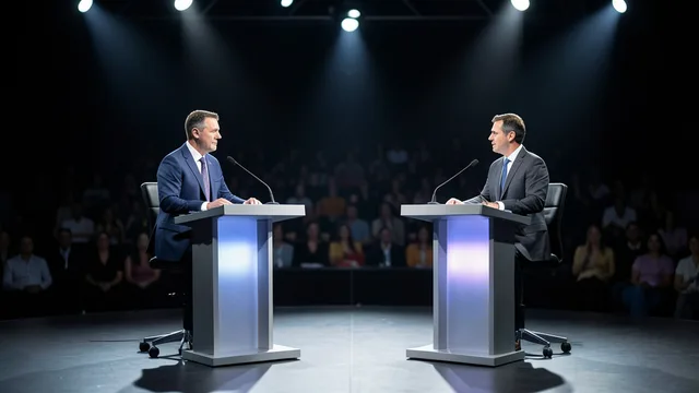 Imagem gerada por IA: Palco preparado para um debate eleitoral, com dois púlpitos sob as luzes do estúdio.