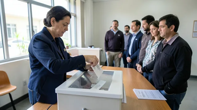Imagem gerada por IA: Eleitor deposita uma cédula em uma urna em um posto de votação consular nos Estados Unidos.