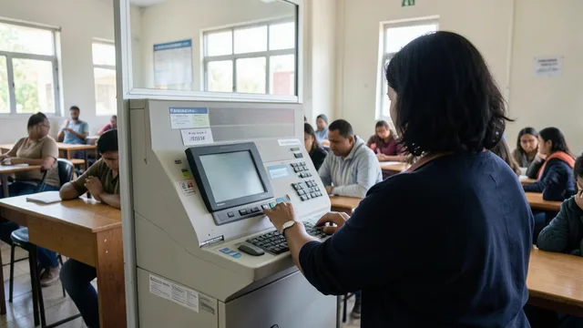 Imagem gerada por IA: Eleitor diante de uma urna eletrônica em uma seção de votação.
