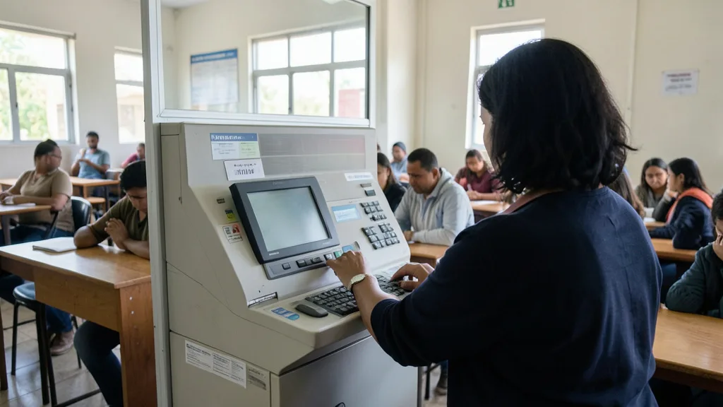 Imagem gerada por IA: Eleitor diante de uma urna eletrônica em uma seção de votação.