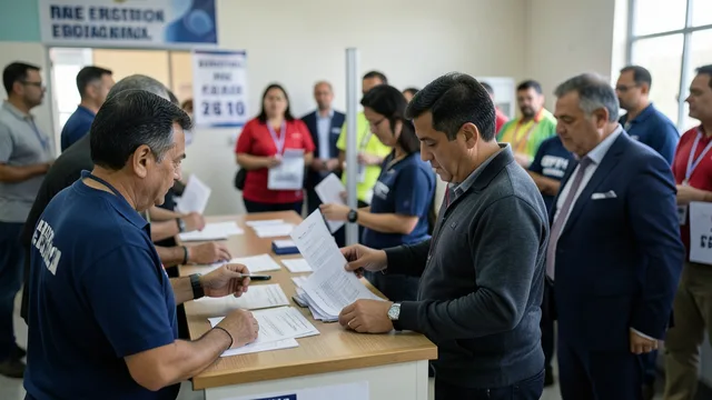 Imagem gerada por IA: Mesários acompanham a apuração de votos em uma seção eleitoral brasileira.