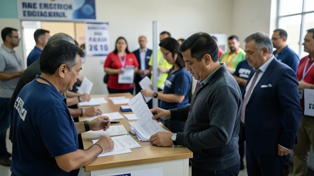 Imagem gerada por IA: Mesários acompanham a apuração de votos em uma seção eleitoral brasileira.