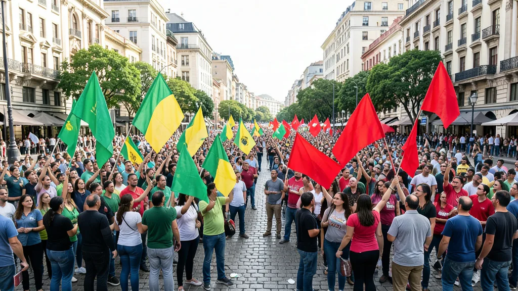 Imagem gerada por IA: Apoiadores com bandeiras verdes, amarelas e vermelhas em atos de campanha distintos.