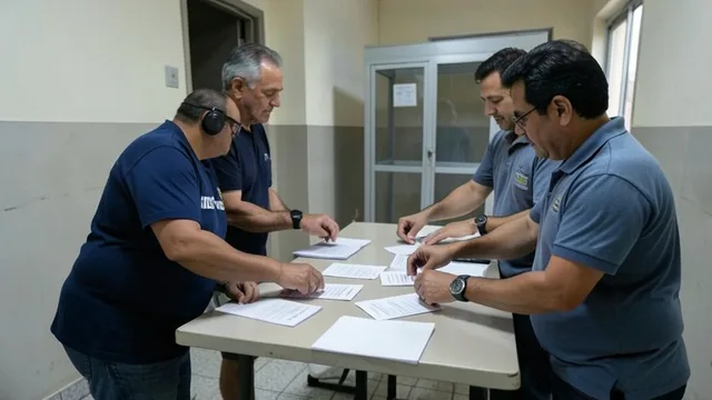 Imagem gerada por IA: Mesários conferem cédulas em uma seção eleitoral no Brasil.