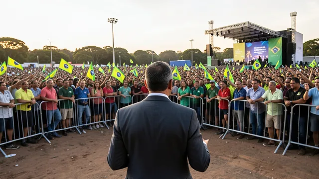 Comício eleitoral no Brasil, com um candidato genérico diante de apoiadores e bandeiras brasileiras.