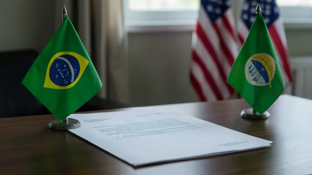 Imagem gerada por IA: Carta sem texto legível sobre uma mesa, ao lado de pequenas bandeiras do Brasil e dos Estados Unidos.