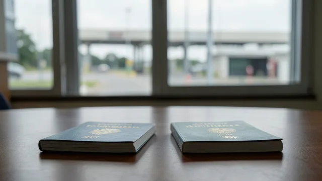 Imagem gerada por IA: Dois passaportes sobre uma mesa, com um posto de fronteira desfocado ao fundo.