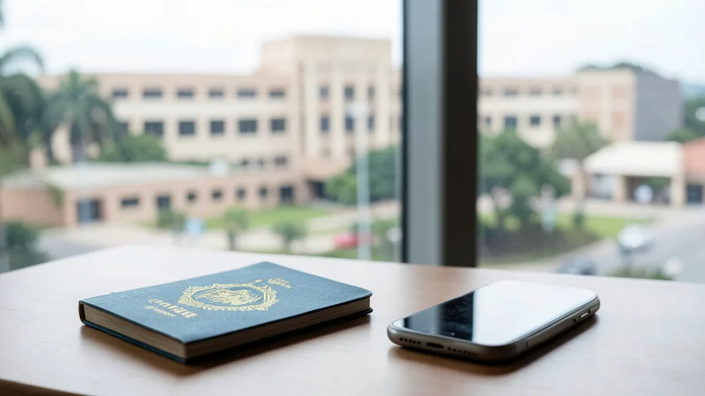 Imagem gerada por IA: Passaporte fechado e celular sobre uma mesa, com um prédio público de Brasília ao fundo.