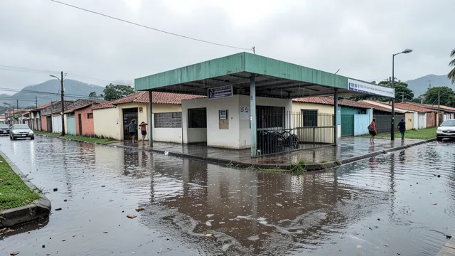 Imagem gerada por IA: Rua alagada e eleitores genéricos tentando chegar a um local de votação.