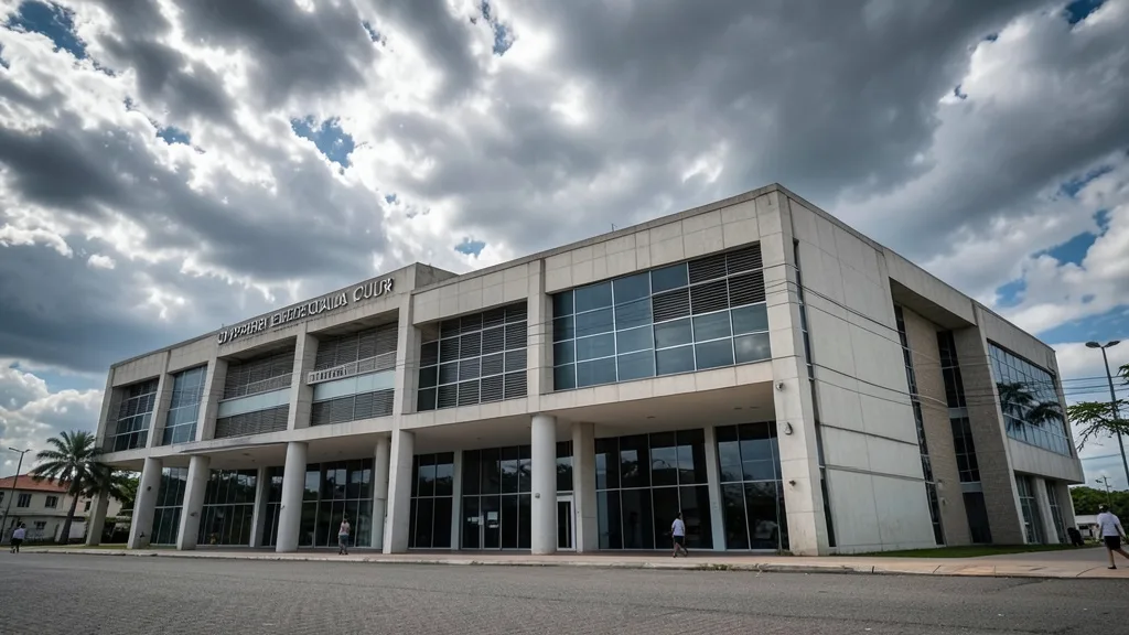 Imagem gerada por IA: Fachada do Tribunal Superior Eleitoral em Brasília sob céu nublado.