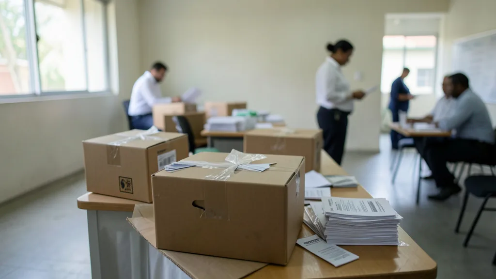 Imagem gerada por IA: Urnas e materiais eleitorais em uma sala de apuração.