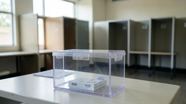 Imagem gerada por IA: Urna eletrônica em uma seção eleitoral vazia após a votação.