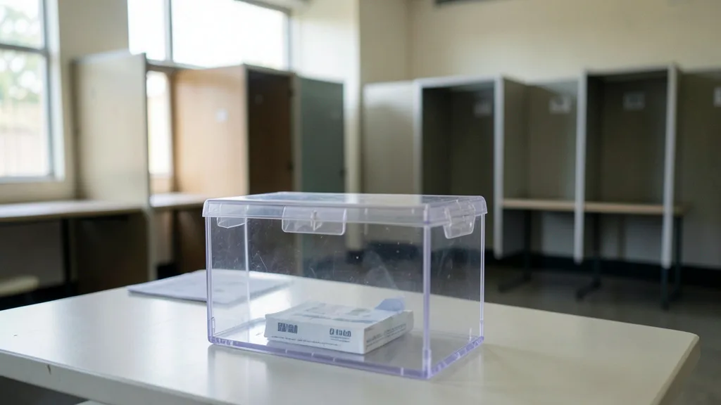 Imagem gerada por IA: Urna eletrônica em uma seção eleitoral vazia após a votação.