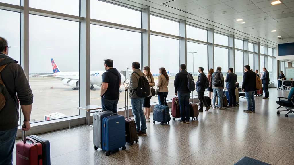 Imagem gerada por IA: Passageiros com malas em uma área de embarque de aeroporto internacional.