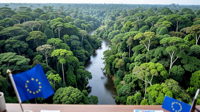 Imagem gerada por IA: Vista aérea da floresta amazônica com um rio e uma bandeira da União Europeia em primeiro plano.