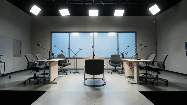 Estúdio de televisão vazio, com cadeiras e microfones preparados para um debate político.