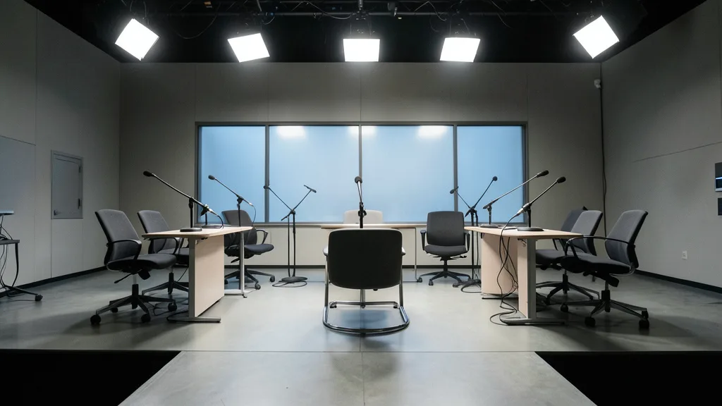 Estúdio de televisão vazio, com cadeiras e microfones preparados para um debate político.