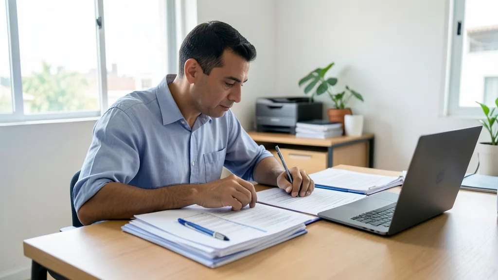 Imagem gerada por IA: Empresário analisa documentos em uma mesa de escritório.