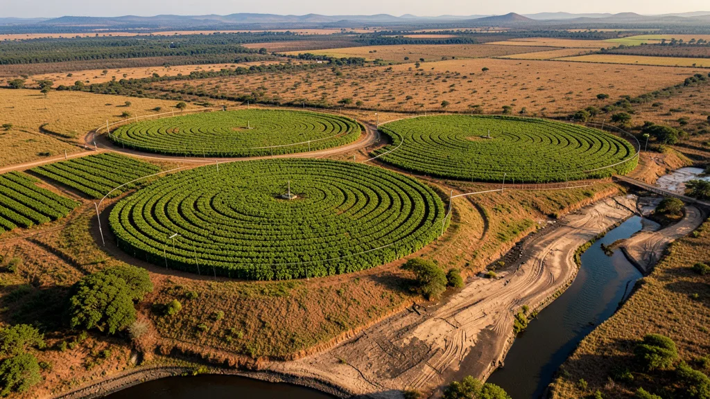 Imagem gerada por IA: Pivôs de irrigação em lavouras no Cerrado ao lado de um leito de rio seco.