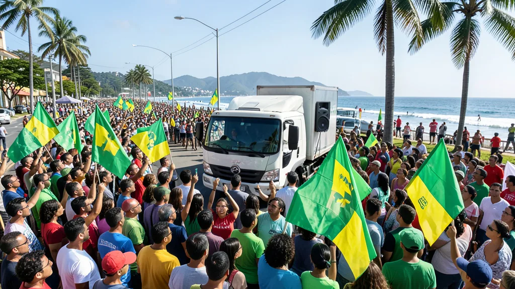 Imagem gerada por IA: Multidão acompanha um trio elétrico em ato de campanha na orla de Vitória.