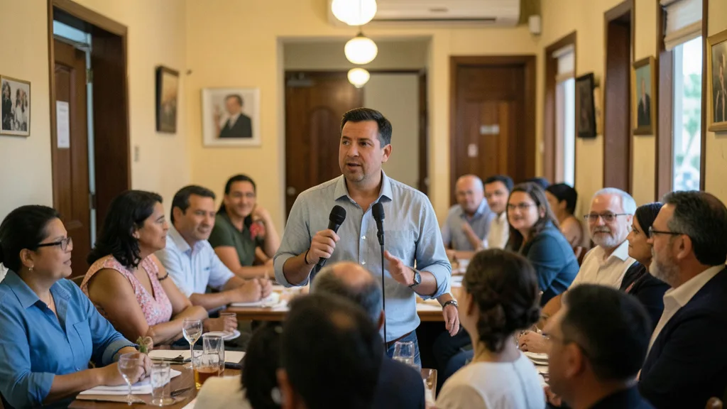Imagem gerada por IA: Candidato fala ao microfone durante encontro com políticos em um restaurante.