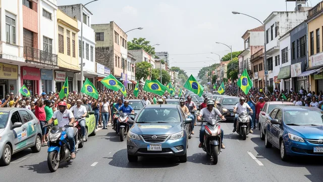 Imagem gerada por IA: Motocicletas e carros seguem por uma avenida durante ato de campanha em São Gonçalo, cercados por apoiadores.