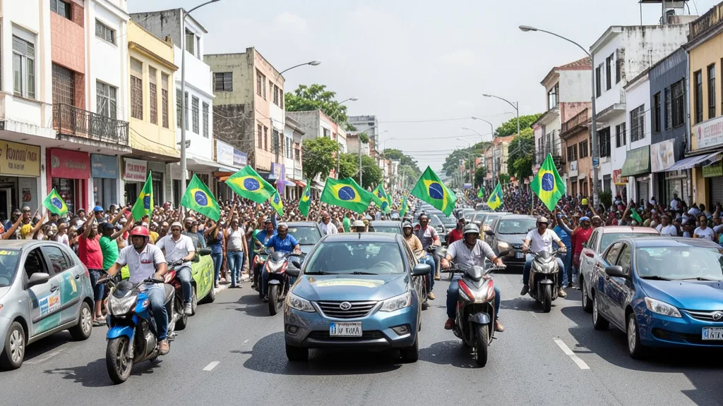 Imagem gerada por IA: Motocicletas e carros seguem por uma avenida durante ato de campanha em São Gonçalo, cercados por apoiadores.