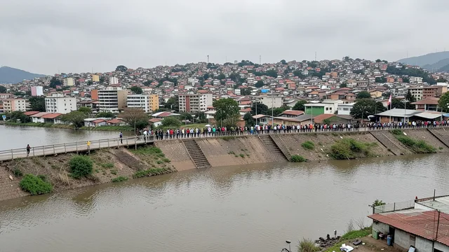 Imagem gerada por IA: Dique Sarandi em Porto Alegre, com área urbana e ato de campanha ao fundo.