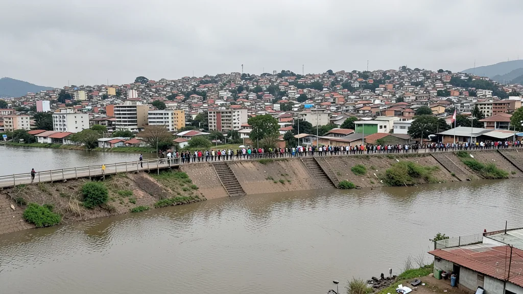Imagem gerada por IA: Dique Sarandi em Porto Alegre, com área urbana e ato de campanha ao fundo.