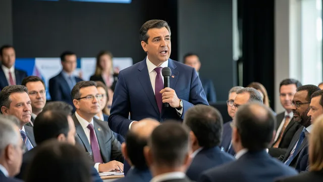 Imagem gerada por IA: Candidato discursa diante de empresários durante encontro em São Paulo.