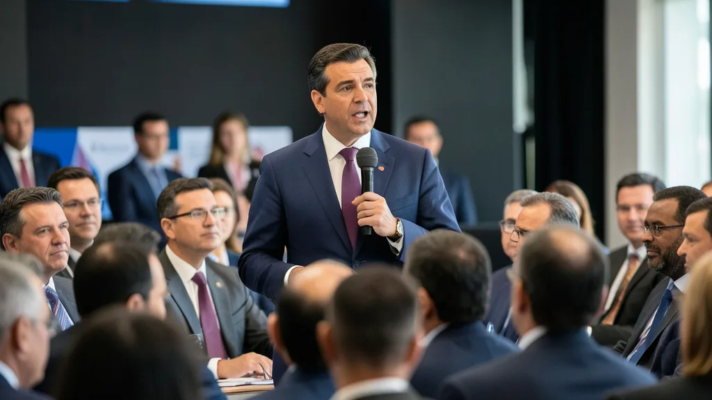 Imagem gerada por IA: Candidato discursa diante de empresários durante encontro em São Paulo.