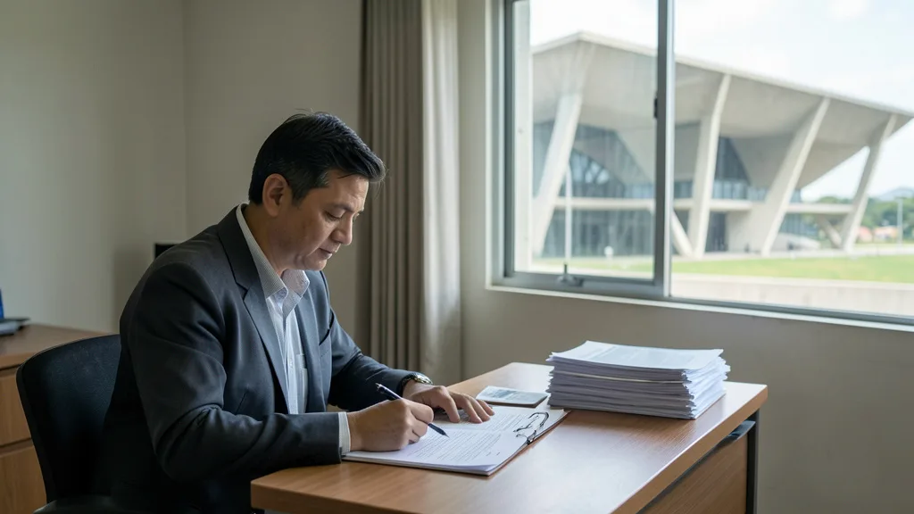 Imagem gerada por IA: Pessoa analisa documentos de assistência social em uma sala com vista para prédios governamentais de Brasília.