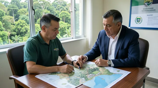 Imagem gerada por IA: Servidor analisa mapas de uma área florestal durante avaliação de um projeto.