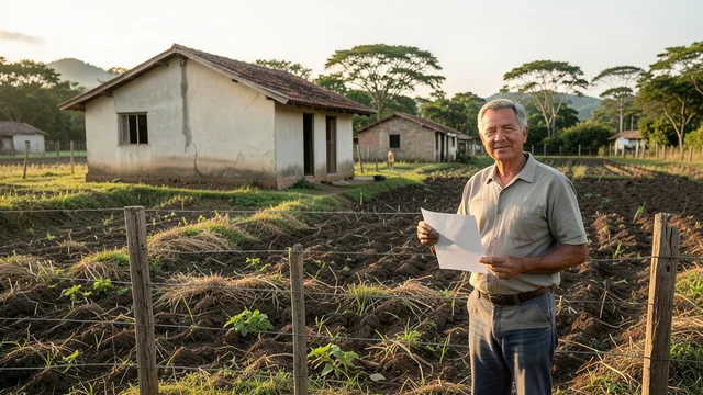 Imagem gerada por IA: Agricultor em assentamento rural segura um documento diante de uma casa e de áreas cultivadas.