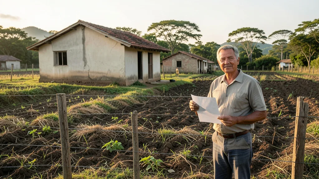 Imagem gerada por IA: Agricultor em assentamento rural segura um documento diante de uma casa e de áreas cultivadas.