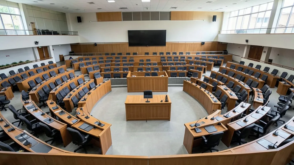 Imagem gerada por IA: Plenário vazio de uma assembleia legislativa, visto da galeria.