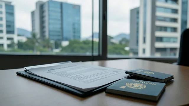 Imagem gerada por IA: Passaportes sobre uma mesa diante de prédios governamentais em Brasília.