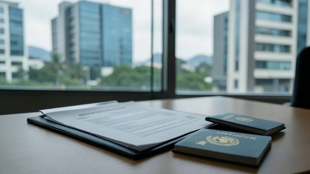 Imagem gerada por IA: Passaportes sobre uma mesa diante de prédios governamentais em Brasília.